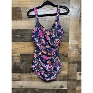 Lands End Womens Floral Surplice One Piece Swimsuit Navy Pink 14L